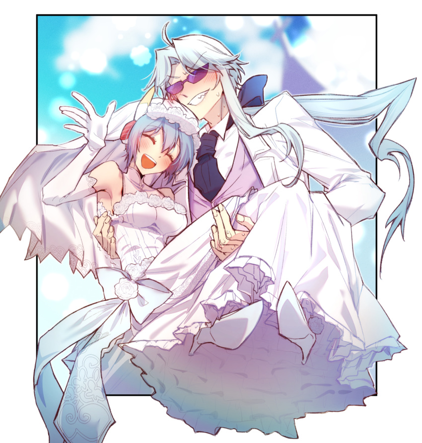 1boy 1girl blue_hair blush bridal_veil carrying carrying_person clenched_teeth closed_eyes commentary_request couple dress elbow_gloves gloves grey_hair hetero high_heels highres husband_and_wife inkamuko kura_sushi long_hair short_hair suit sunglasses sweatdrop teeth v veil wa_c0sb waruiman wedding_dress white_suit