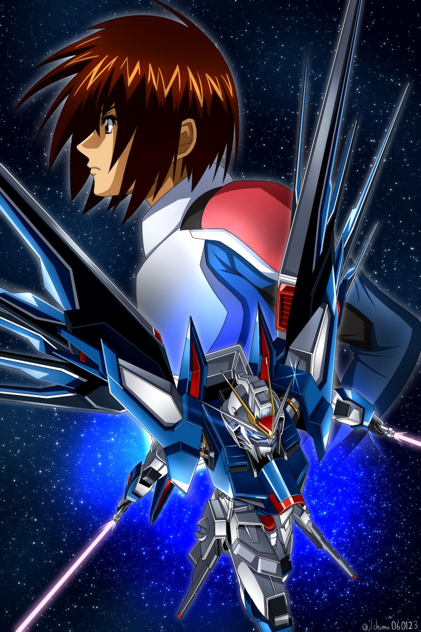 1boy 1other beam_saber blue_eyes brown_hair glowing glowing_eyes gundam gundam_seed gundam_seed_freedom highres holding holding_weapon kira_yamato mecha military mobile_suit normal_suit pilot_suit rising_freedom_gundam robot science_fiction shimashun short_hair spacesuit v-fin violet_eyes weapon