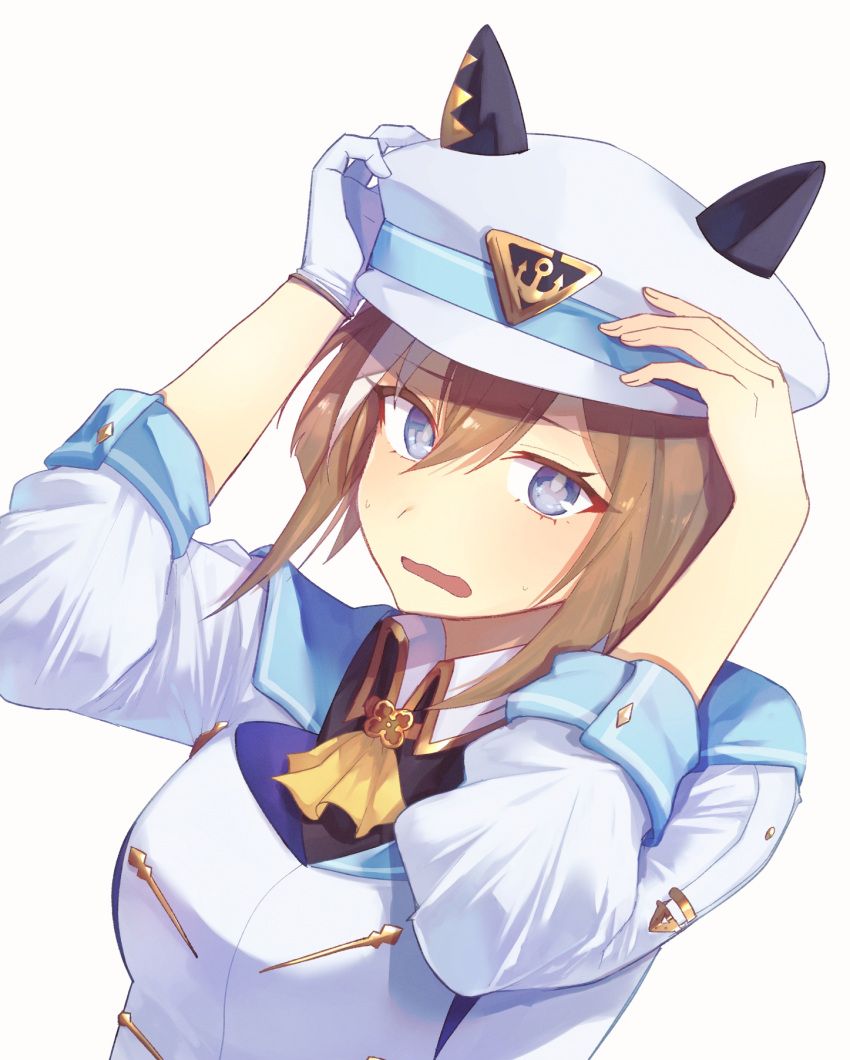 1girl animal_ear_headwear animal_ears ascot blue_cape blue_eyes breasts brown_hair cape cheval_grand_(umamusume) commentary_request gloves hands_on_headwear hat highres horse_girl long_sleeves looking_to_the_side midriff_peek multicolored_hair open_mouth parted_bangs peaked_cap shirt sidelocks simple_background single_glove solo streaked_hair umamusume upper_body white_background white_gloves white_hair white_headwear white_shirt yellow_ascot zarame0830