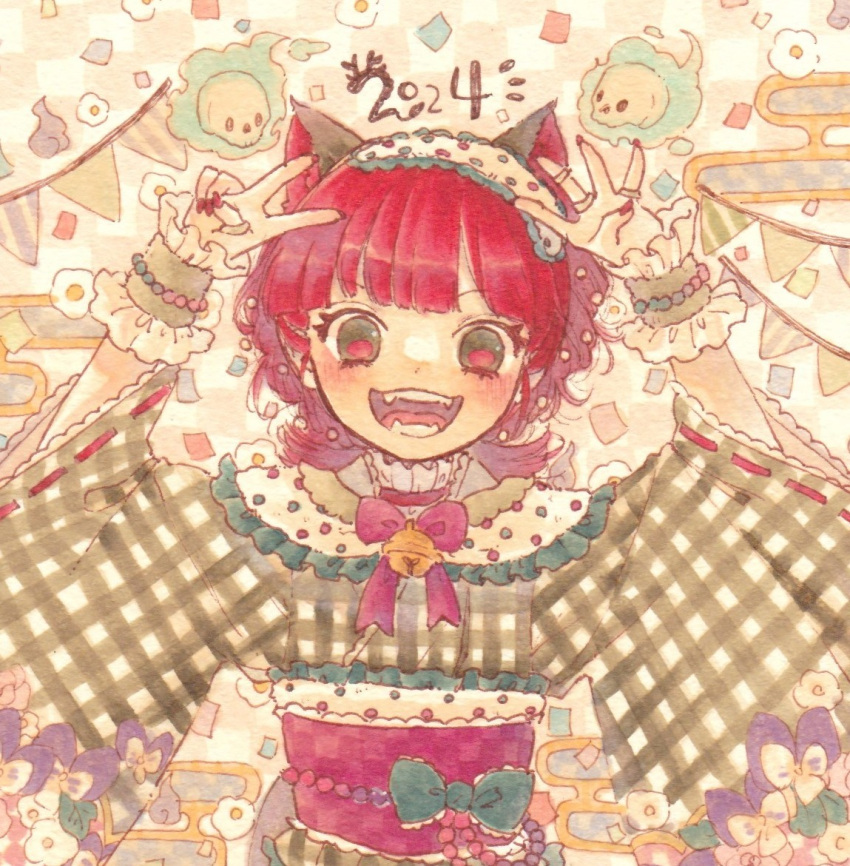 1girl 2024 alternate_costume alternate_hairstyle animal_ears bell bow bowtie cat_ears cat_girl egasumi hitodama kaenbyou_rin neck_bell open_mouth red_bow red_bowtie red_eyes redhead sasa6666s sash short_hair skull solo teeth touhou upper_body v