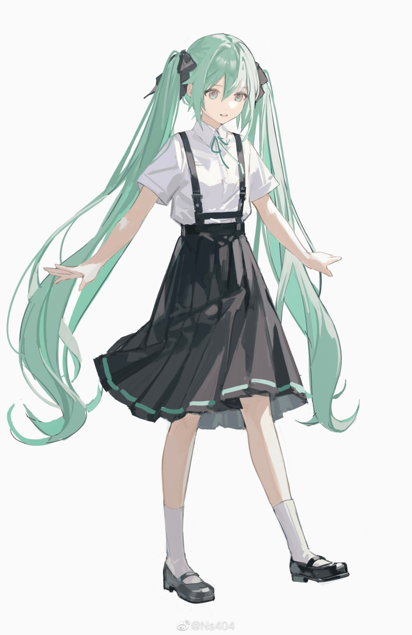 1girl absurdres ankle_socks black_bow black_footwear black_skirt bow bowtie collared_shirt commentary eyelashes full_body green_bow green_bowtie green_eyes green_hair hair_between_eyes hair_bow hatsune_miku high-waist_skirt highres long_hair looking_ahead mary_janes medium_skirt ns404 open_mouth pleated_skirt school_uniform shirt shoes short_sleeves simple_background skirt smile socks solo suspenders symbol-only_commentary t-shirt teeth twintails upper_teeth_only very_long_hair vocaloid watermark weibo_logo weibo_username white_background white_shirt white_sleeves white_socks