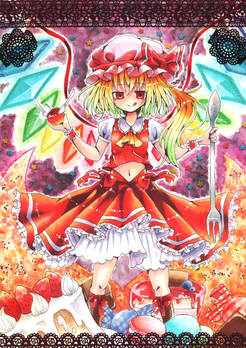 1girl :q adapted_costume apple ascot blonde_hair bow breasts brown_footwear cake collared_shirt flandre_scarlet food food_focus fork frilled_shirt_collar frills fruit hat hat_bow hat_ribbon highres holding holding_food holding_fork long_hair looking_at_viewer macaron marker_(medium) misosiru_0224 mob_cap multicolored_wings one_side_up orange_background oversized_object petticoat pink_headwear puffy_short_sleeves puffy_sleeves purple_background rainbow_order red_apple red_bow red_eyes red_ribbon red_skirt red_vest ribbon shirt short_sleeves skirt small_breasts solo strawberry tongue tongue_out touhou traditional_media vest white_shirt wings yellow_ascot
