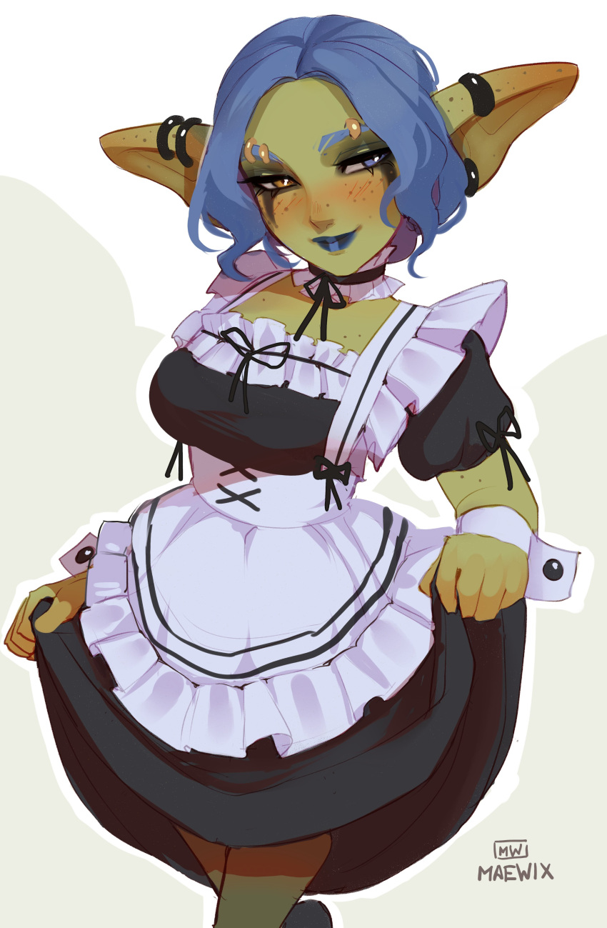 1girl absurdres apron artist_name black_dress blue_eyes blue_hair blue_lips blush clothes_lift colored_skin curtsey detached_collar dress dress_lift earrings eyebrow_piercing female_goblin freckles goblin green_skin heterochromia highres jewelry looking_at_viewer maewix_(artist) maid maid_apron narrowed_eyes orange_eyes original piercing pointy_ears smile solo white_apron wrist_cuffs