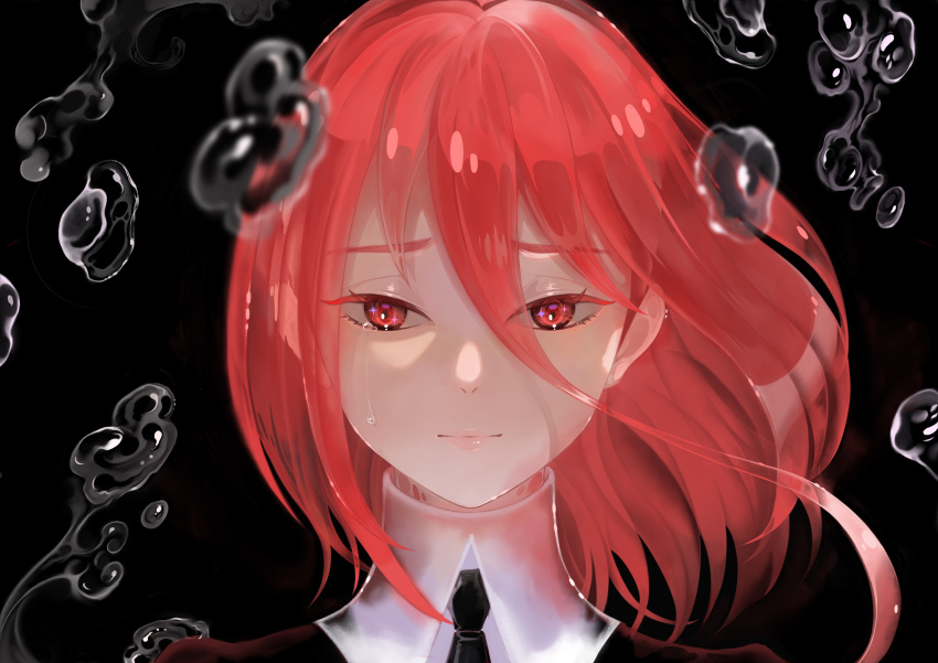 1other absurdres androgynous black_background black_necktie blurry cinnabar_(houseki_no_kuni) crying depth_of_field floating_hair gem_uniform_(houseki_no_kuni) hair_between_eyes highres houseki_no_kuni light_smile liquid long_hair_between_eyes looking_at_viewer mercury_(element) necktie oo0mog0oo other_focus portrait red_eyes red_theme redhead short_hair solo straight-on