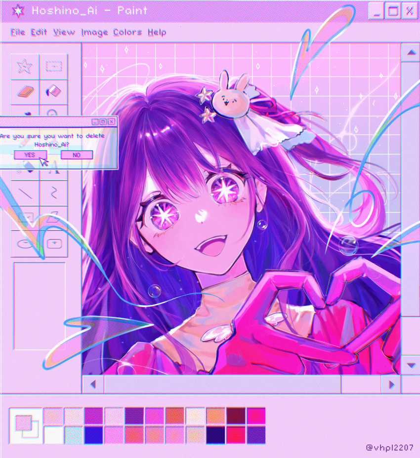 +_+ 1girl absurdres color_guide gloves hair_ornament heart heart_hands highres hoshino_ai_(oshi_no_ko) idol idol_clothes microsoft_paint_(software) monitor oshi_no_ko picture_frame pink_gloves purple_hair vhpl2207 violet_eyes