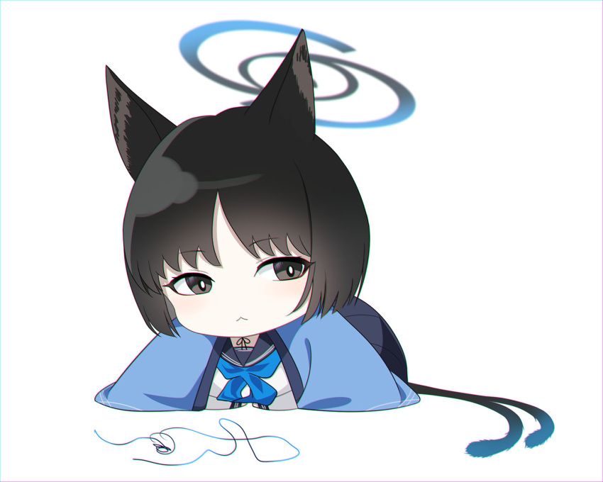 1girl :3 animal_ears ass black_eyes black_hair black_skirt blue_archive cat_ears cat_girl cat_tail chibi choker commentary_request eko halo happi highres japanese_clothes kikyou_(blue_archive) long_sleeves looking_at_viewer lying multiple_tails nekomata on_stomach parted_bangs pleated_skirt school_uniform serafuku short_hair sidelocks simple_background skirt solo string tail two_tails white_background white_serafuku