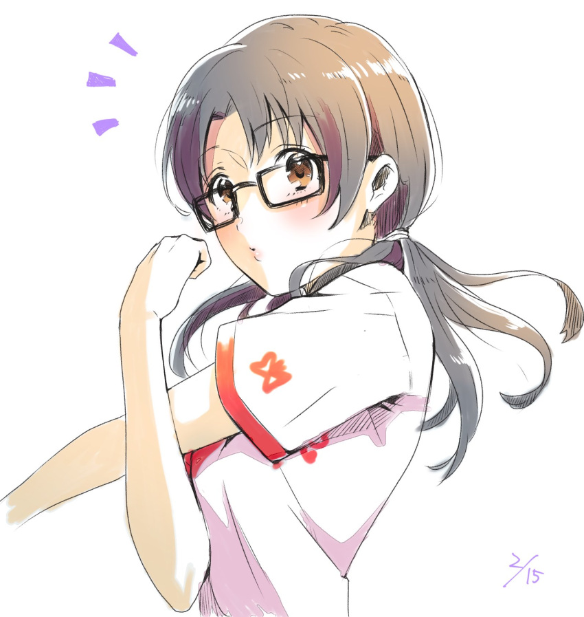1girl animal_print black-framed_eyewear brown_eyes brown_hair butterfly_print clenched_hand commentary_request crossed_arms dated glasses highres idolmaster idolmaster_million_live! light_blush long_hair looking_at_viewer low_twintails notice_lines o3o outstretched_arm parted_lips shirt short_sleeves simple_background solo sportswear stretching t-shirt takayama_sayoko twintails upper_body white_background white_shirt white_sleeves witoi_(roa)
