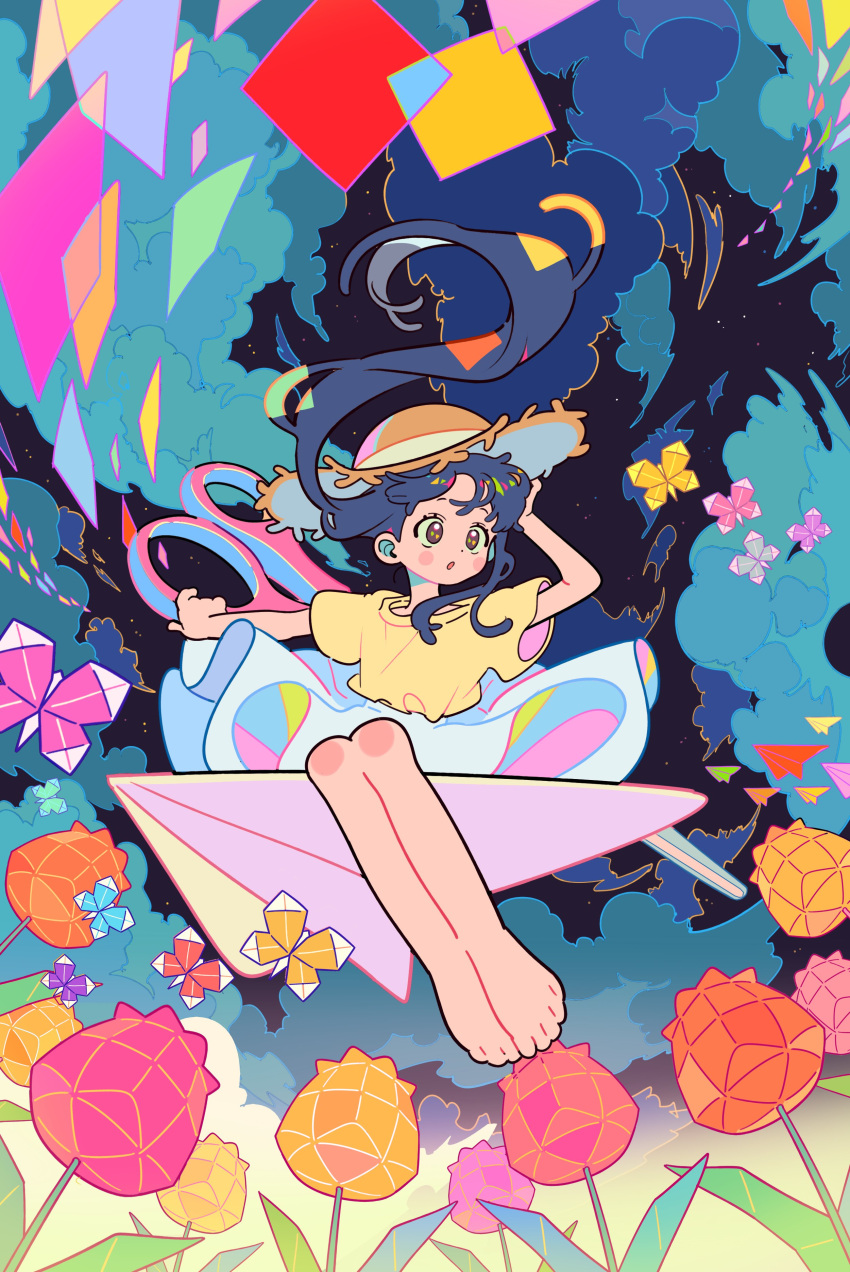 1girl absurdres barefoot blue_hair clouds colorful dolman_(dm) flower hat highres origami original scissors solo straw_hat toes