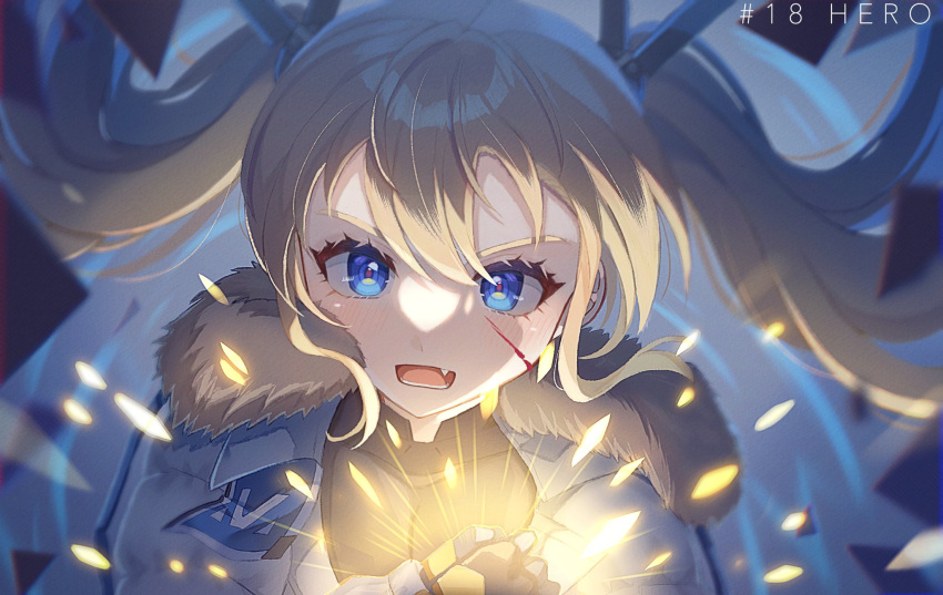 1girl bandaid bandaid_on_cheek bandaid_on_face black_bodysuit blonde_hair blood blood_on_face blue_eyes bodysuit coat fang fur_trim goddess_of_victory:_nikke headgear highres laplace_(nikke) light_blush long_hair looking_at_viewer open_mouth red_pupils shimada_(smd_dms) twintails upper_body white_coat