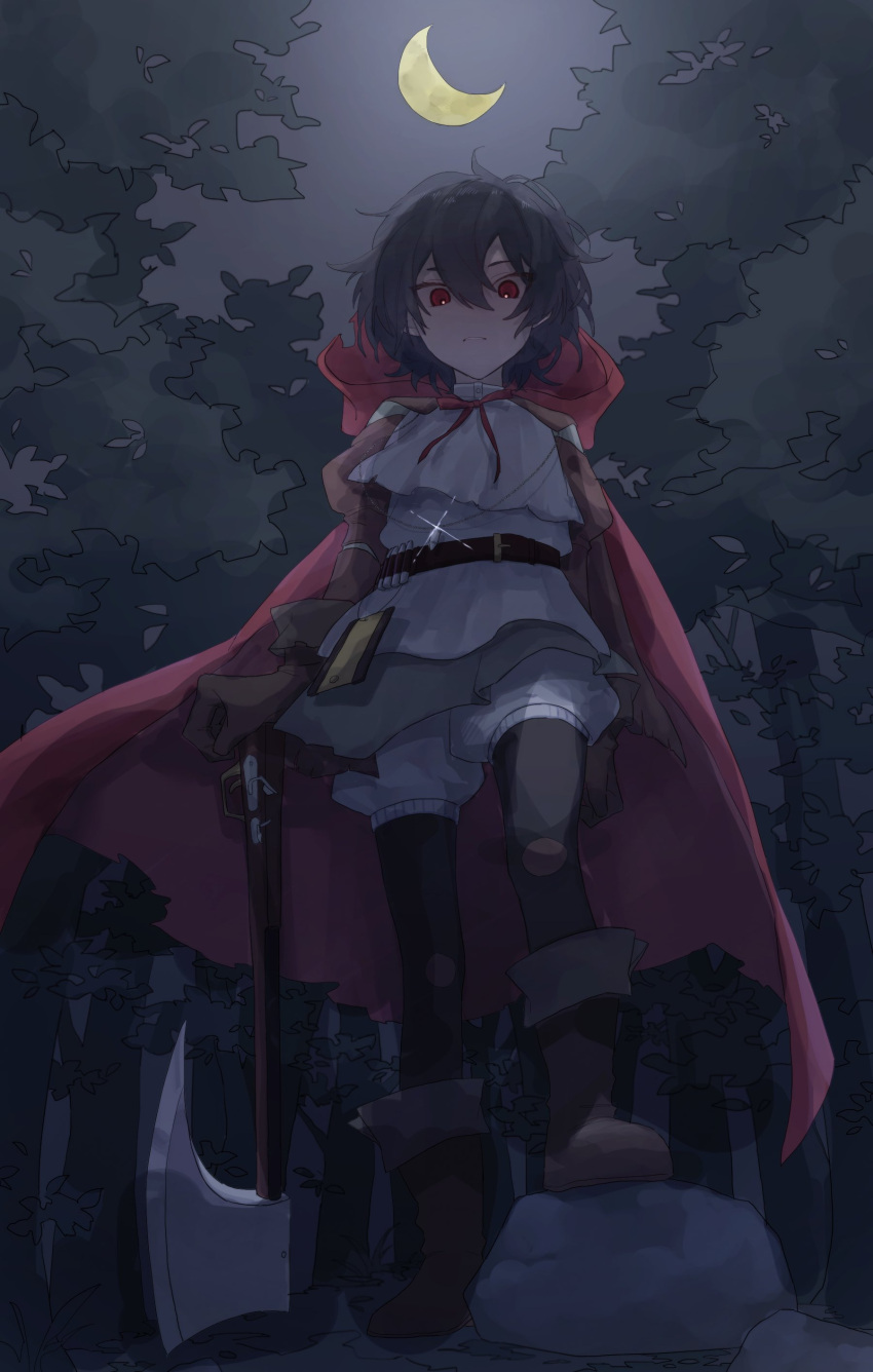 1girl absurdres ankle_boots axe black_hair black_pantyhose boots brown_footwear brown_gloves brown_sleeves cape closed_mouth crescent_moon dkknht forest from_below full_body gloves grey_skirt highres holding holding_axe hood hood_down hooded_cape juliet_sleeves long_sleeves looking_at_viewer mondlicht_(reverse:1999) moon nature night night_sky pantyhose planted puffy_shorts puffy_sleeves red_cape red_eyes red_hood reverse:1999 rock shirt short_hair shorts shorts_under_skirt skirt sky solo standing stepped_on tree white_shirt white_shorts