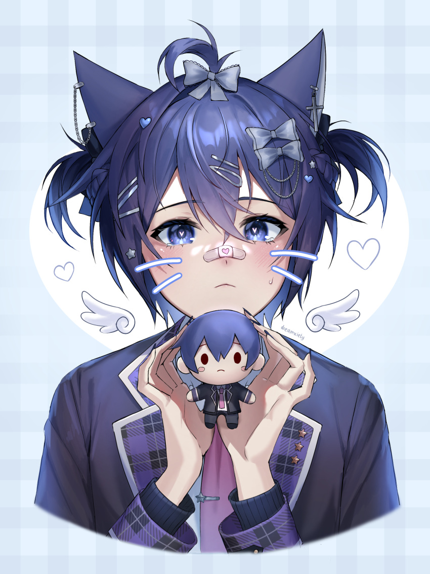 1boy absurdres animal_ears bandaid blue_background blue_eyes blue_hair blue_heart blue_nails blush bow cat_boy cat_ears commentary cross crying crying_with_eyes_open detached_wings drawn_whiskers dreamxiety earrings english_commentary hair_between_eyes hair_bow hair_ornament hair_up hairpin hands_up heart heart-shaped_pupils highres jewelry kaito_(vocaloid) looking_at_viewer male_focus necktie pixiv_username plaid project_sekai short_twintails simple_background single_earring star_(symbol) stuffed_toy sweatdrop symbol-shaped_pupils tears twintails uniform upper_body vocaloid wings