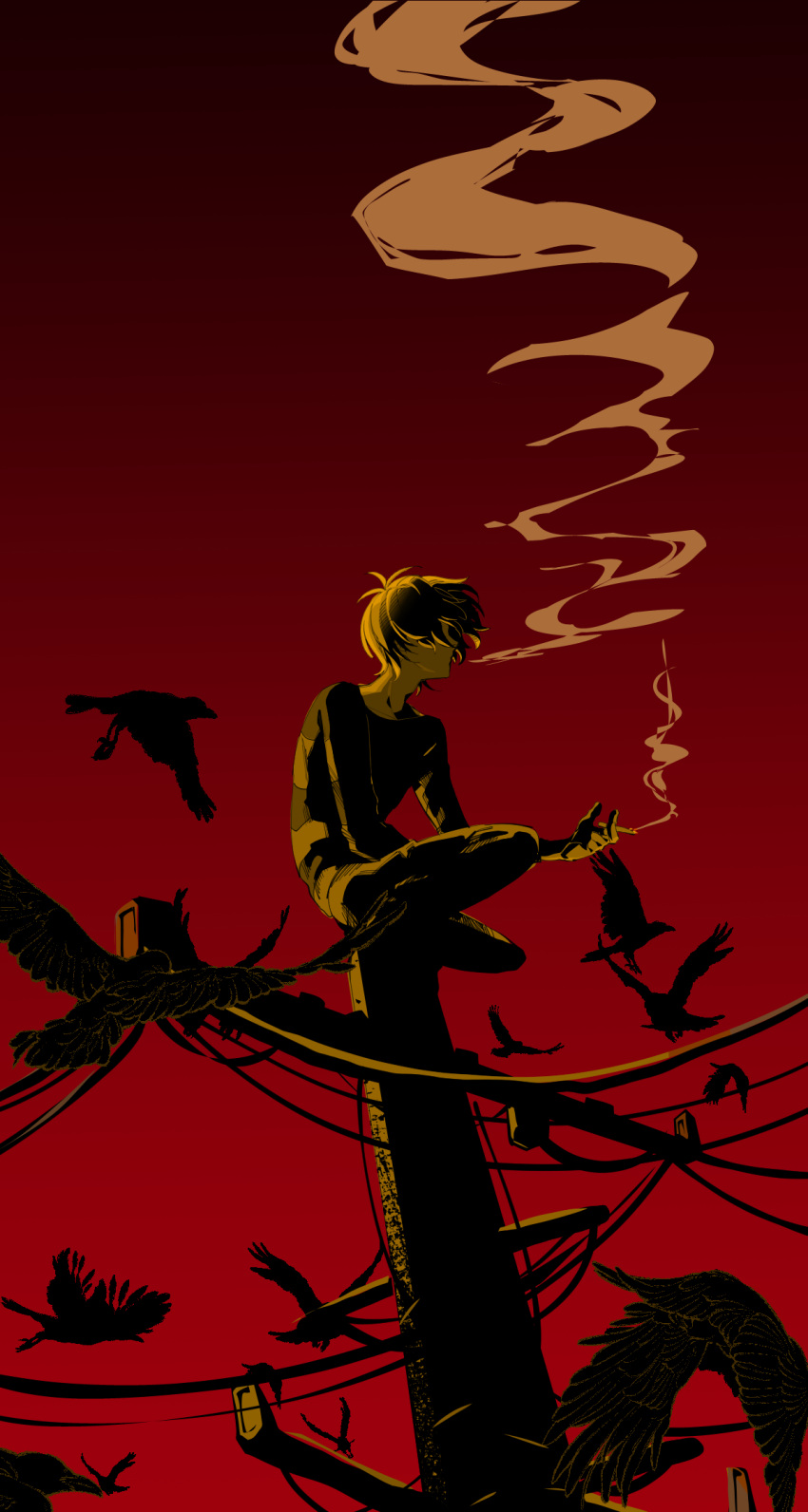 1boy aged_up bird cigarette commentary_request crow edamame_ksr gegege_no_kitarou highres holding holding_cigarette indian_style kitarou male_focus outdoors red_background shirt short_hair sitting smoke smoking solo striped striped_shirt utility_pole