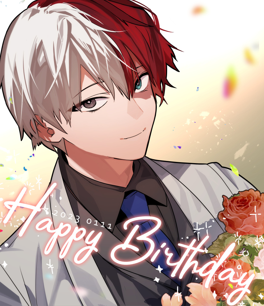 1boy absurdres birthday black_outline black_shirt blue_eyes blue_necktie blurry blurry_foreground boku_no_hero_academia bouquet burn_scar closed_mouth collared_shirt confetti dutch_angle eyes_visible_through_hair flower foreground_text formal gradient_background grey_jacket hair_between_eyes happy happy_birthday heterochromia highres holding holding_bouquet jacket lapels looking_at_viewer looking_to_the_side makuro male_focus multicolored_hair necktie outline red_flower red_rose redhead rose sanpaku scar scar_on_face shawl_lapels shirt short_hair sideways_glance smile solo sparkle split-color_hair split_mouth straight_hair text_focus timestamp todoroki_shouto tuxedo two-tone_hair upper_body waistcoat white_background white_hair wing_collar