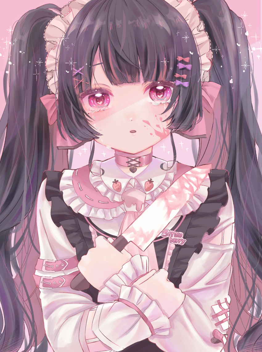 1girl bandaid black_dress black_hair blood blood_on_face blood_on_knife blush bow chibana_sora choker commentary_request crying crying_with_eyes_open dress frilled_sleeves frills hair_bow hair_ornament hairclip hand_on_own_wrist highres holding holding_knife kitchen_knife knife long_sleeves looking_at_viewer maid maid_headdress necktie original parted_lips partial_commentary pink_background pink_blood pink_bow pink_choker pink_eyes pink_necktie purple_bow shirt sleeveless sleeveless_dress solo straight-on tears upper_body white_shirt x_hair_ornament