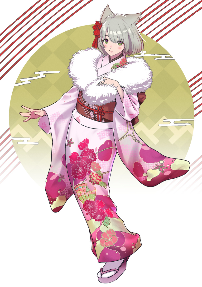 1girl absurdres animal_ear_fluff animal_ears blush checkered_background closed_mouth commentary_request egasumi floral_print flower full_body fur_collar green_eyes grey_hair hair_flower hair_ornament hand_up highres japanese_clothes karian909 kimono long_sleeves looking_at_viewer mio_(xenoblade) pink_footwear pink_kimono print_kimono red_flower smile socks solo tabi white_background white_socks wide_sleeves xenoblade_chronicles_(series) xenoblade_chronicles_3 zouri