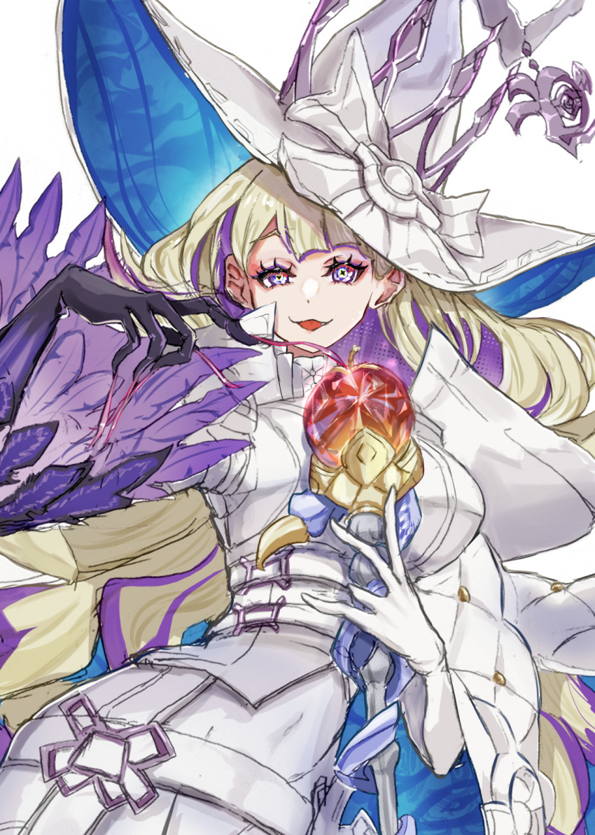 1girl belt blonde_hair breasts covered_navel diabellze_of_the_original_sin duel_monster eye_of_horus feathers gloves hat highres holding holding_staff large_hat long_hair multicolored_hair noppe open_mouth purple_hair smile solo staff streaked_hair witch witch_hat yu-gi-oh!