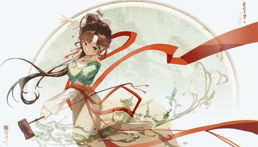 1girl absurdres brown_eyes brown_hair chinese_clothes chinese_hairpin circle closed_mouth cowboy_shot dancing dipper floating_hair from_side green_shirt hair_bun hair_ornament hand_up hanfu highres holding holding_spoon jewelry jiu_niangzi layered_sleeves leg_up liquid long_hair long_skirt long_sleeves looking_at_viewer mrruaaa necklace red_shawl reverse:1999 shawl shirt short_over_long_sleeves short_sleeves single_side_bun skirt smile solo spilling spoon tassel tassel_hair_ornament white_background white_sleeves yellow_skirt