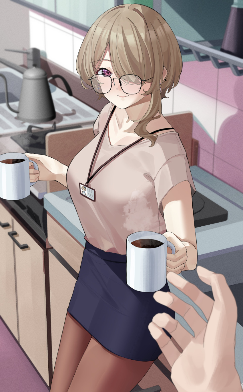 1girl 1other absurdres black-framed_eyewear blue_skirt breasts brown_hair brown_pantyhose brown_shirt closed_mouth collarbone commentary cup earrings english_commentary glasses haerge hair_over_one_eye highres holding holding_cup honkai_(series) honkai_impact_3rd indoors jewelry lanyard long_hair looking_at_viewer medium_breasts mug pantyhose rita_rossweisse shirt short_sleeves skirt smile standing steam tile_wall tiles violet_eyes