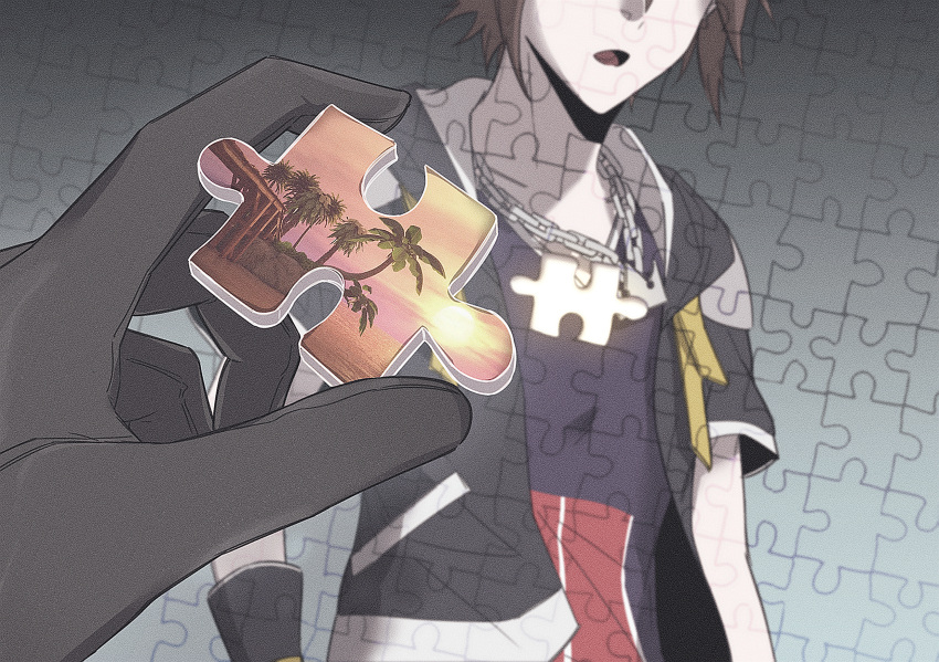1boy 1other black_gloves blue_shirt bridge brown_hair chain_necklace gloves gongju_s2 gradient_background highres island jacket jewelry jigsaw_puzzle kingdom_hearts necklace ocean open_clothes open_jacket open_mouth palm_tree pov pov_hands puzzle puzzle_piece shirt sora_(kingdom_hearts) standing sun sunset tree wooden_bridge