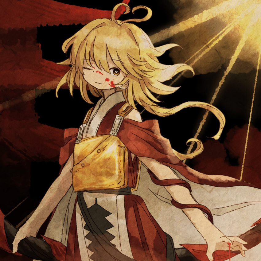 1other androgynous antenna_hair arm_ribbon armor black_background blonde_hair blood blood_on_face bow_(weapon) breastplate cape closed_mouth commentary cowboy_shot expressionless heart heart_antenna_hair heart_in_eye highres holding holding_bow_(weapon) holding_weapon japanese_clothes kimono len'en long_hair looking_at_viewer low_twintails one_eye_closed ooama_no_ake_no_mitori other_focus outdoors pagoda red_cape red_kimono red_ribbon retrochaossan ribbon single_bare_arm sleeveless sleeveless_kimono solo sunlight symbol_in_eye twintails two-sided_cape two-sided_fabric weapon white_cape yellow_eyes