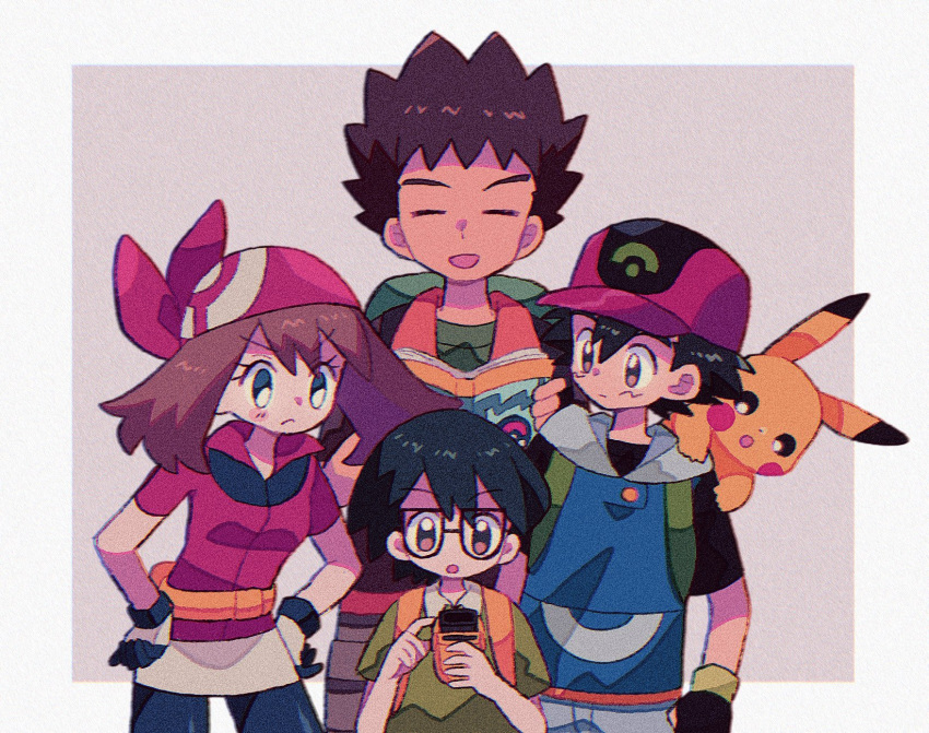 1girl 3boys :o ash_ketchum backpack bag bandana baseball_cap bike_shorts black_gloves black_hair black_shirt blue_eyes blue_hoodie blue_pants book brock_(pokemon) brown_eyes brown_hair brown_pants closed_eyes collared_shirt denim fanny_pack fingerless_gloves frown glasses gloves green_bag green_shirt grey_background hands_on_own_hips hands_up happy hat highres holding holding_book hood hoodie jeans looking_at_another max_(pokemon) may_(pokemon) medium_hair mgomurainu multicolored_clothes multicolored_gloves multicolored_headwear multiple_boys open_book open_mouth orange_vest pants pikachu pokemon pokemon_(anime) pokemon_(creature) pokemon_rse_(anime) pokenav reading red_bandana red_headwear red_shirt shirt short_hair simple_background smile spiky_hair standing upper_body vest yellow_bag