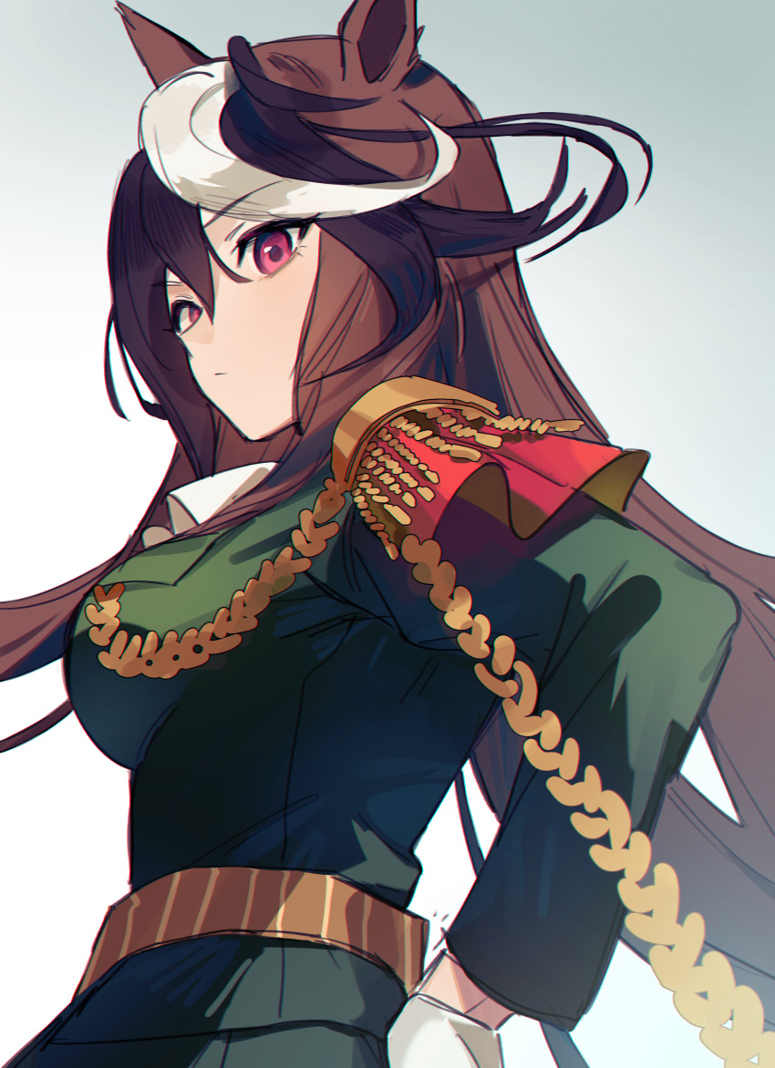 1girl absurdres animal_ears ascot brown_hair buttons cape closed_mouth commentary crossed_arms double-breasted earrings epaulettes highres horse_ears horse_girl jenshenya jewelry light_blush long_hair looking_at_viewer multicolored_hair red_cape side_cape single_earring single_epaulette smile solo streaked_hair symboli_rudolf_(umamusume) umamusume upper_body very_long_hair violet_eyes white_ascot