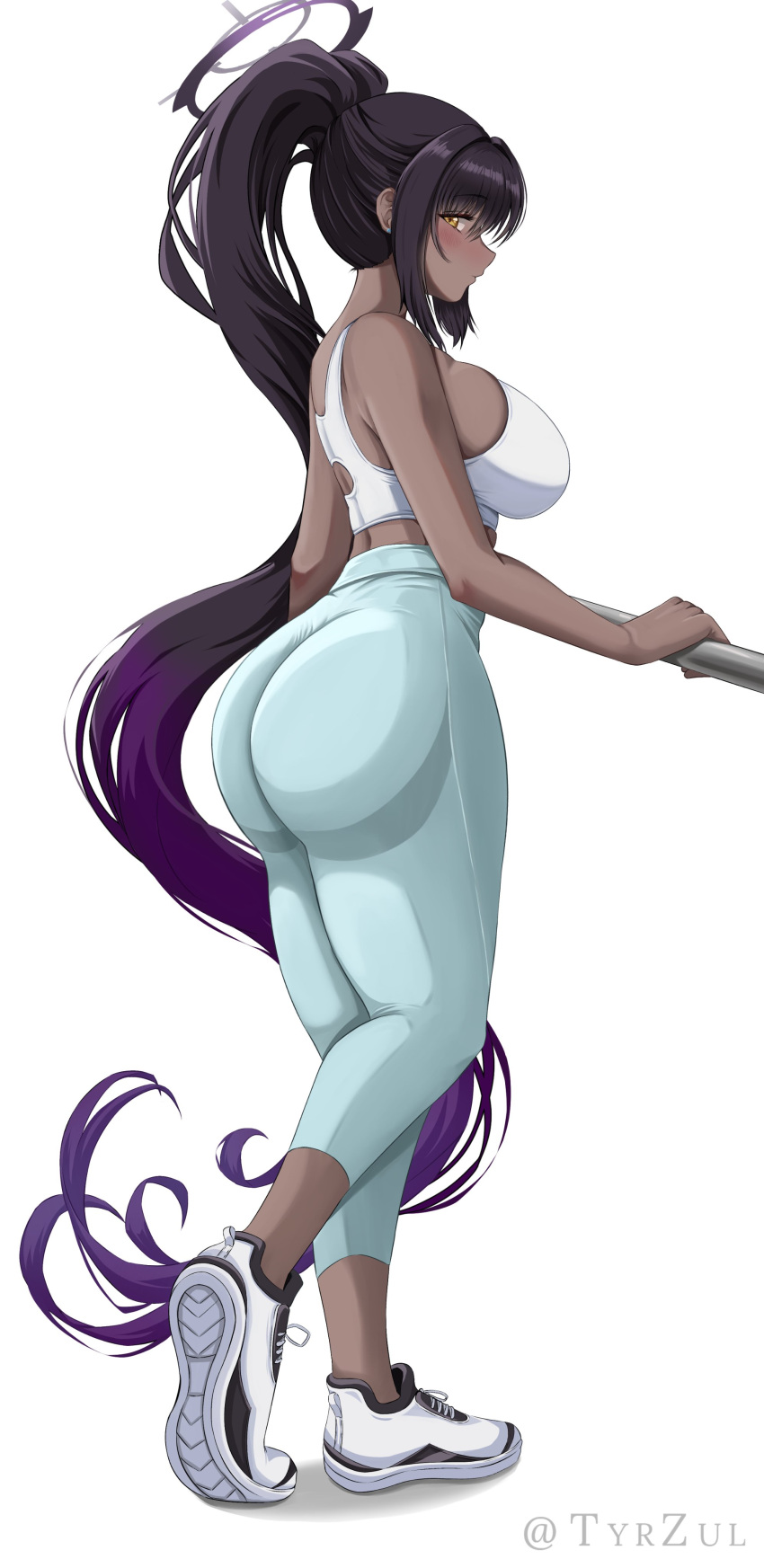 1girl absurdly_long_hair absurdres ass black_hair blue_archive breasts dark-skinned_female dark_halo dark_skin full_body halo high_ponytail highres huge_ass karin_(blue_archive) large_breasts leggings long_hair looking_at_viewer multicolored_hair pants profile shoes sneakers sports_bra sportswear thighs tyrzul very_long_hair white_background white_footwear yellow_eyes yoga_pants