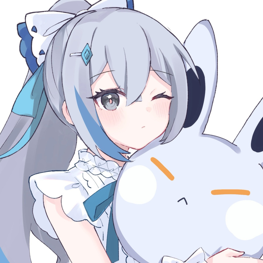 1girl :&lt; blue_bow blue_hair blush bow bronya_zaychik bronya_zaychik_(herrscher_of_truth) closed_mouth commentary_request grey_eyes grey_hair hair_between_eyes hair_bow hair_ornament hairclip highres honkai_(series) honkai_impact_3rd long_hair looking_at_viewer multicolored_hair one_eye_closed ponytail shirt simple_background sleeveless sleeveless_shirt solo streaked_hair stuffed_animal stuffed_rabbit stuffed_toy tdatnst upper_body very_long_hair white_background white_bow white_shirt