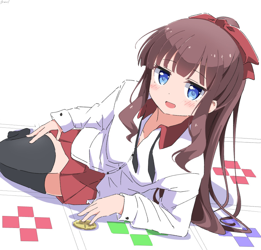 1girl absurdres black_thighhighs blue_eyes brown_hair cynical_(llcbluckg_c004) highres long_hair long_sleeves looking_at_viewer loose_necktie lying necktie new_game! on_side ponytail takimoto_hifumi thigh-highs