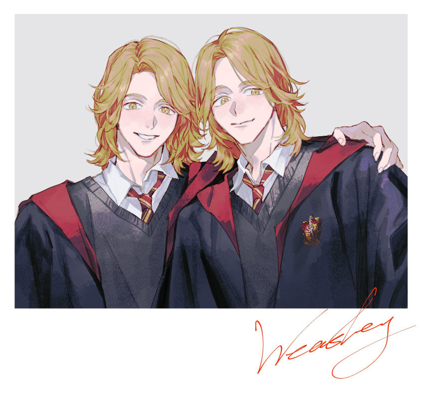 2boys black_robe brothers character_signature chinese_commentary collared_shirt commentary dress_shirt fred_weasley george_weasley grey_background grey_sweater_vest grin gryffindor hand_on_another's_shoulder happy harry_potter_(series) highres male_focus medium_hair multiple_boys necktie noren_(noren1512) orange_eyes orange_hair parted_bangs red_necktie robe shirt siblings simple_background smile sweater_vest twins two-sided_fabric two-sided_robe upper_body white_shirt wizarding_world