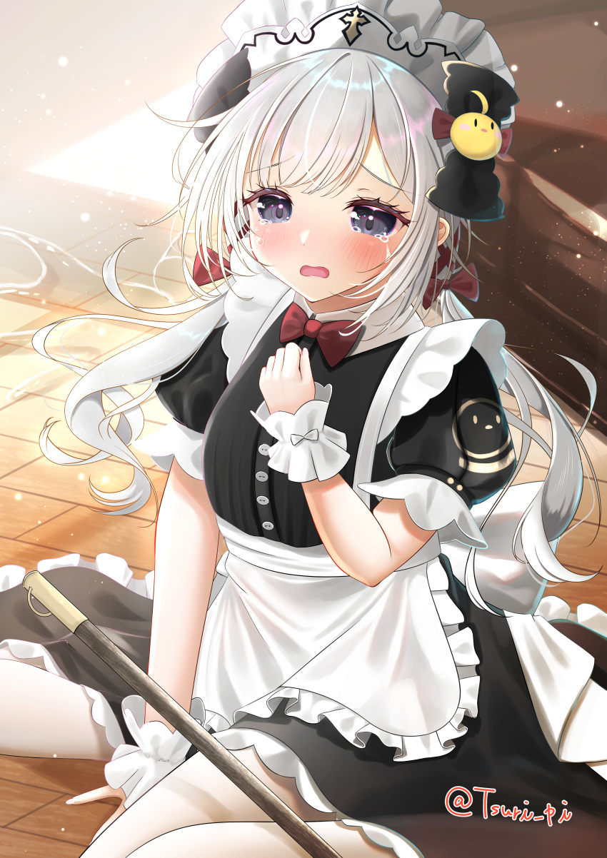 1girl absurdres alternate_costume apron azur_lane black_dress blue_eyes blush bow bowtie crying dress enmaided flandre_(azur_lane) flandre_(if_love_is_a_sin_thou_art_forgiven)_(azur_lane) grey_hair hair_bow highres long_hair looking_at_viewer low_twintails maid maid_apron maid_headdress on_floor open_mouth pantyhose puffy_short_sleeves puffy_sleeves red_bow red_bowtie short_sleeves sitting tsuri_pi twintails twitter_username wavy_mouth white_apron white_pantyhose wrist_cuffs