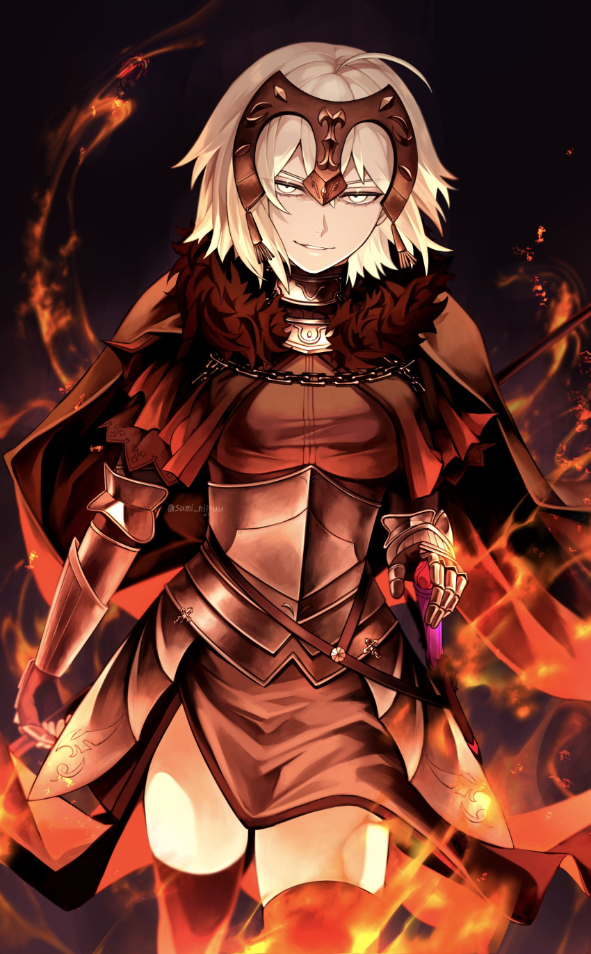 1girl absurdres ahoge armor armored_dress black_armor black_background black_cape black_dress black_thighhighs cape chain commentary_request dress evil_grin evil_smile fate/grand_order fate_(series) fire fur-trimmed_cape fur_trim gauntlets grey_hair grin headpiece highres jeanne_d'arc_alter_(avenger)_(fate) jeanne_d'arc_alter_(avenger)_(first_ascension)_(fate) jeanne_d'arc_alter_(fate) looking_at_viewer plackart sheath sheathed short_hair simple_background smile solo sumi_(gfgf_045) sword thigh-highs weapon yellow_eyes