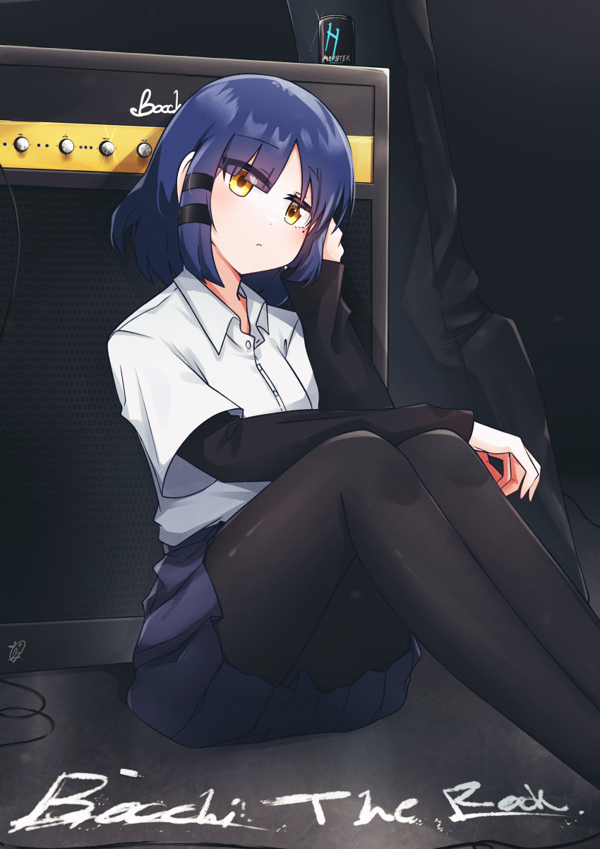 1girl absurdres artist_name black_pantyhose blue_hair blue_skirt bob_cut bocchi_the_rock! closed_mouth collared_shirt commentary copyright_name energy_drink english_commentary english_text hair_ribbon hand_in_own_hair head_tilt highres layered_sleeves light_frown long_sleeves looking_at_viewer miniskirt mizzterbii mole mole_under_eye on_floor pantyhose pleated_skirt ribbon school_uniform shimokitazawa_high_school_uniform shirt short_hair short_over_long_sleeves short_sleeves signature sitting skirt solo speaker white_shirt yamada_ryo yellow_eyes