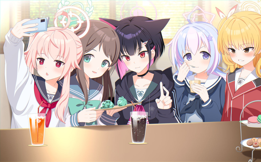 5girls :d after-school_sweets_club_(blue_archive) airi_(blue_archive) animal_ears arm_up bench black_choker black_eyes black_hair black_jacket blonde_hair blue_archive blue_hair blunt_bangs blurry cake_stand cat_ears cat_girl cellphone choker cola collarbone colored_inner_hair commentary_request cookie cup depth_of_field drinking_glass drinking_straw eating eko extra_ears food green_eyes hair_between_eyes hair_bobbles hair_ornament hair_ribbon hairclip halo highres holding holding_phone holding_tray hood hooded_jacket ice ice_cream ice_cube indoors jacket juice kazusa_(blue_archive) light_blue_hair long_hair long_sleeves looking_at_viewer macaron multicolored_hair multiple_girls natsu_(blue_archive) on_bench orange_juice parted_lips pendant_choker phone pink_hair red_eyes red_jacket reisa_(blue_archive) restaurant ribbon school_uniform selfie serafuku short_hair side_ponytail sidelocks smartphone smile star_(symbol) star_hair_ornament streaked_hair table taking_picture tray triangle_mouth twintails two-tone_hair v violet_eyes window yoshimi_(blue_archive)