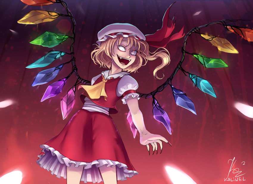 1girl artist_name ascot blonde_hair collared_shirt commentary cowboy_shot crazy_eyes crystal english_commentary fingernails flandre_scarlet frilled_shirt_collar frilled_skirt frilled_sleeves frills glowing glowing_wings hat hat_ribbon highres invisiblepie_(kalinel) long_fingernails medium_hair mob_cap multicolored_wings nail_polish one_side_up open_mouth puffy_short_sleeves puffy_sleeves red_background red_nails red_ribbon red_skirt red_vest redrawn ribbon sharp_fingernails shirt short_sleeves skirt skirt_set sleeve_ribbon solo teeth touhou upper_teeth_only vest white_headwear white_shirt wings yellow_ascot