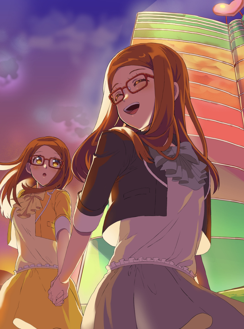2girls :d :o absurdres akai_meganee backlighting blue_bow bow brown_eyes brown_hair building clone cowboy_shot cropped_jacket glasses grey_skirt heart highres holding_hands jacket long_hair long_sleeves looking_at_another multiple_girls open_mouth outdoors pleated_skirt pretty_series pripara red-framed_eyewear shirt skirt sky skyscraper smile standing tsujii_ruki walking white_shirt yellow_jacket yellow_skirt