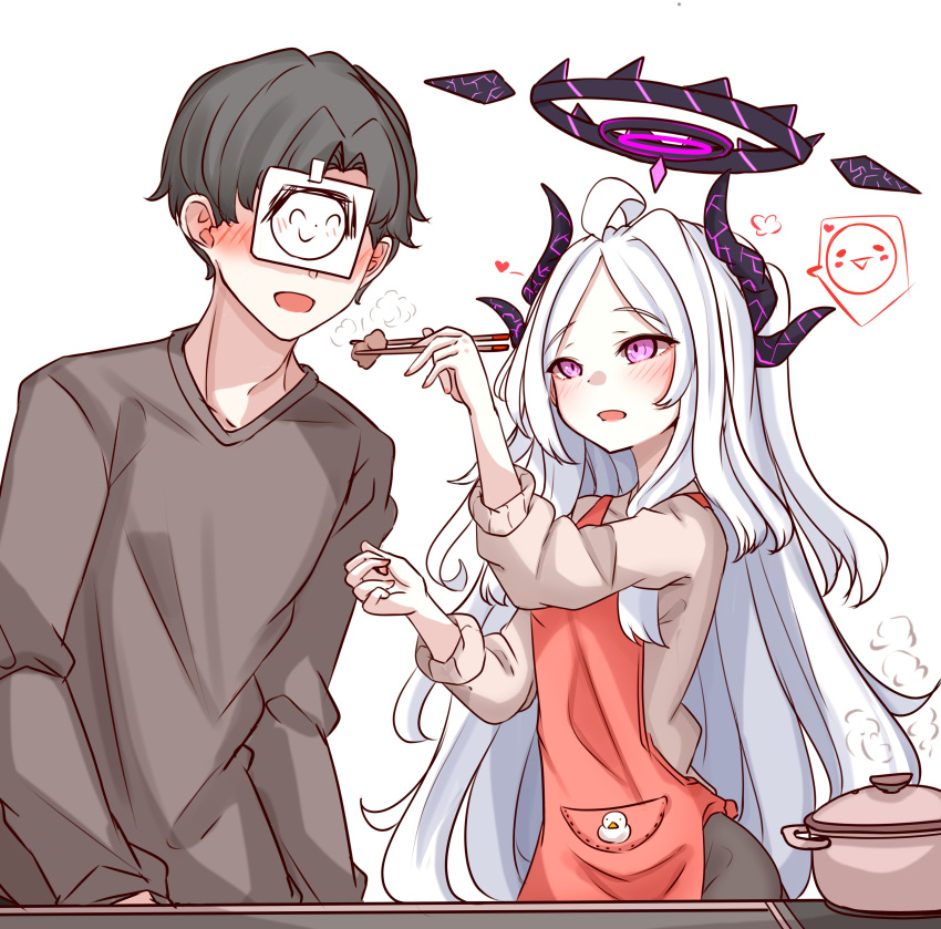 1boy 1girl :d absurdres ahoge alternate_costume apron black_hair blue_archive blush brown_shirt casual chopsticks commentary_request cooking_pot demon_girl demon_horns doodle_sensei_(blue_archive) feeding forehead half_updo halo highres hina_(blue_archive) holding holding_chopsticks horns kitchen long_hair long_sleeves looking_at_another paper_on_head parted_bangs peroronti red_apron sensei_(blue_archive) shirt sidelocks simple_background smile spoken_expression t-shirt violet_eyes wavy_hair white_hair