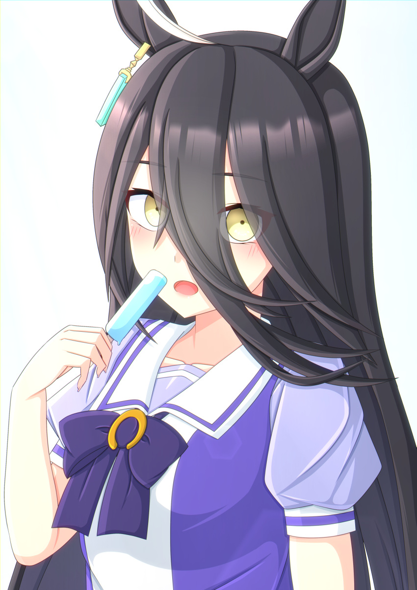 1girl 2-butani absurdres ahoge animal_ears black_hair bow breasts chestnut_mouth commentary_request earrings food hair_between_eyes highres holding holding_food holding_popsicle horse_ears horse_girl horse_tail jewelry looking_at_viewer manhattan_cafe_(umamusume) multicolored_hair open_mouth pleated_skirt popsicle puffy_short_sleeves puffy_sleeves purple_bow purple_shirt school_uniform shirt short_sleeves simple_background single_earring skirt small_breasts solo streaked_hair summer_uniform tail tracen_school_uniform umamusume upper_body white_background white_hair white_skirt yellow_eyes