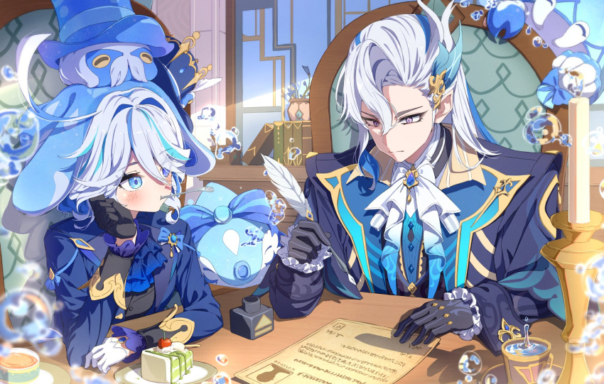 1boy 1girl ahoge air_bubble ascot asymmetrical_gloves black_gloves blue_ascot blue_brooch blue_coat blue_eyes blue_hair blue_headwear blue_jacket book bubble cake cake_slice candle closed_mouth coat dragon_boy feather_hair_ornament feathers food furina_(genshin_impact) genshin_impact gentilhomme_usher gloves hair_between_eyes hair_ornament hat heterochromia highres holding holding_pen indoors ink jacket light_blue_hair long_hair mademoiselle_crabaletta mismatched_gloves multicolored_hair neuvillette_(genshin_impact) on_chair paper pen plant pointy_ears potted_plant seero shadow short_hair sidelocks sitting streaked_hair surintendante_chevalmarin table top_hat two-tone_hair violet_eyes white_ascot white_gloves window_shade