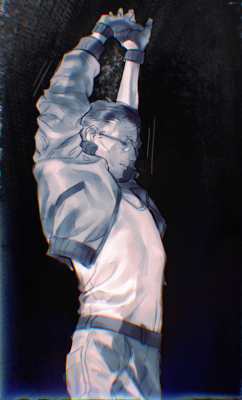 1boy absurdres arms_up belt chromatic_aberration cowboy_shot disco_elysium dule_(anhaidule) expressionless from_side glasses gloves gradient_background hair_pulled_back highres jacket kim_kitsuragi male_focus monochrome own_hands_together pants round_eyewear shirt short_hair simple_background solo standing stretching