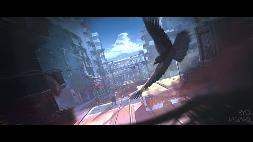 1girl artist_name bird blue_skirt blurry building bus city cityscape clouds commentary_request cumulonimbus_cloud depth_of_field falling_feathers letterboxed motor_vehicle original outdoors overhead_line power_lines railroad_crossing railroad_tracks road running scenery shirt short_sleeves skirt tanaka_ryosuke tree utility_pole white_shirt