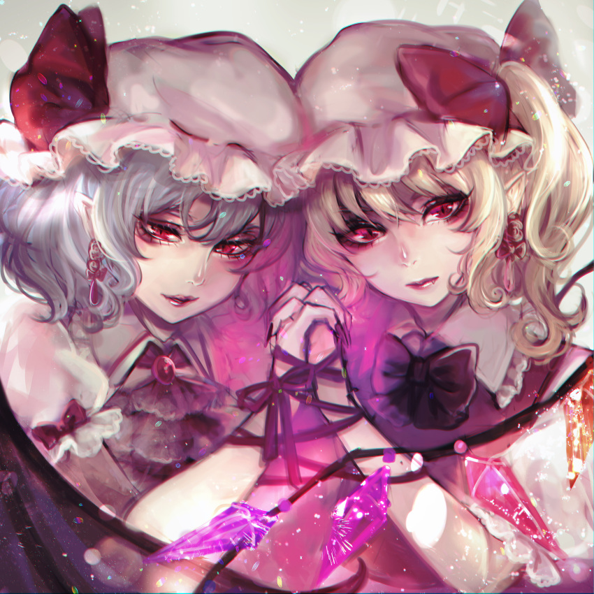 2girls absurdres ascot bat_wings blonde_hair blue_hair bow bowtie brooch closed_mouth collared_shirt crystal fang fang_out flandre_scarlet frilled_shirt_collar frilled_sleeves frills glowing glowing_wings hair_between_eyes hat highres holding_hands interlocked_fingers jewelry kyogoku-uru looking_at_viewer medium_hair mob_cap multiple_girls one_side_up pink_headwear puffy_short_sleeves puffy_sleeves red_brooch red_eyes remilia_scarlet ribbon shirt short_sleeves siblings sisters touhou upper_body white_shirt wings