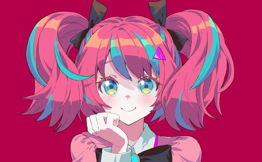 15_shoujo 1girl black_bow blue_eyes blue_hair bow closed_mouth collared_shirt hair_bow hand_on_own_face hand_up highres inui_raburi long_sleeves looking_at_viewer multicolored_hair pink_background pink_hair shirt smile solo straight-on streaked_hair triangle_hair_ornament tsujii_ruki twintails upper_body