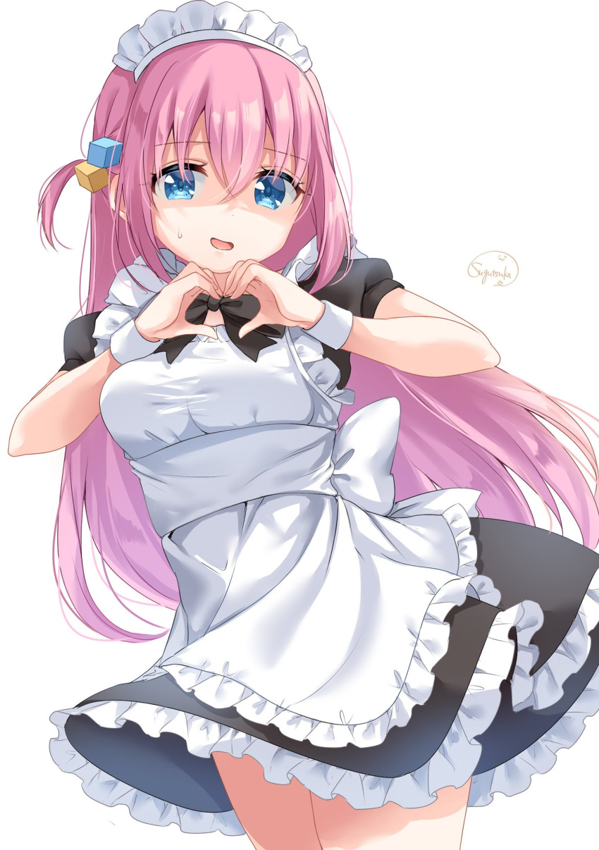 1girl alternate_costume apron artist_name black_bow black_bowtie blue_eyes bocchi_the_rock! bow bowtie breasts cowboy_shot enmaided eyebrows_hidden_by_hair frilled_apron frills gotoh_hitori hair_between_eyes hair_ornament hand_up head_tilt heart heart_hands highres large_breasts long_hair looking_at_viewer maid maid_apron maid_headdress one_side_up open_mouth pink_hair shaded_face short_sleeves shy signature simple_background solo sugutsuka_rerun sweatdrop very_long_hair white_apron white_background