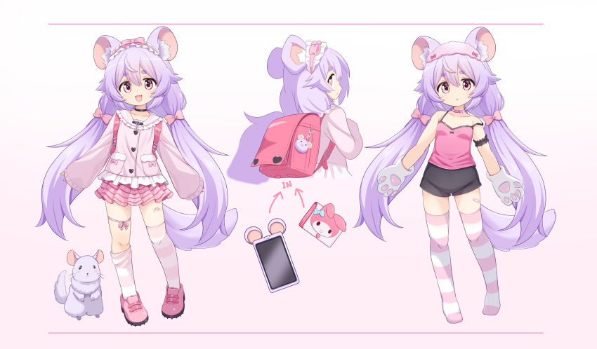 1girl absurdres animal_ear_fluff animal_ears animal_hands backpack bag bandaid bandaid_on_thigh black_shorts bow brown_eyes camisole cellphone chinchilla_(animal) chinchilla_ears chinchilla_girl chinchilla_tail full_body gloves hair_bow hairband highres lolita_hairband long_hair miniskirt mogura2009 multiple_views open_mouth original paw_gloves phone pink_camisole pink_footwear pink_shirt pink_skirt pink_thighhighs purple_hair randoseru ribbon shirt shoes short_shorts shorts skirt smartphone smile standing strap_slip striped striped_thighhighs tail thigh-highs twintails white_gloves