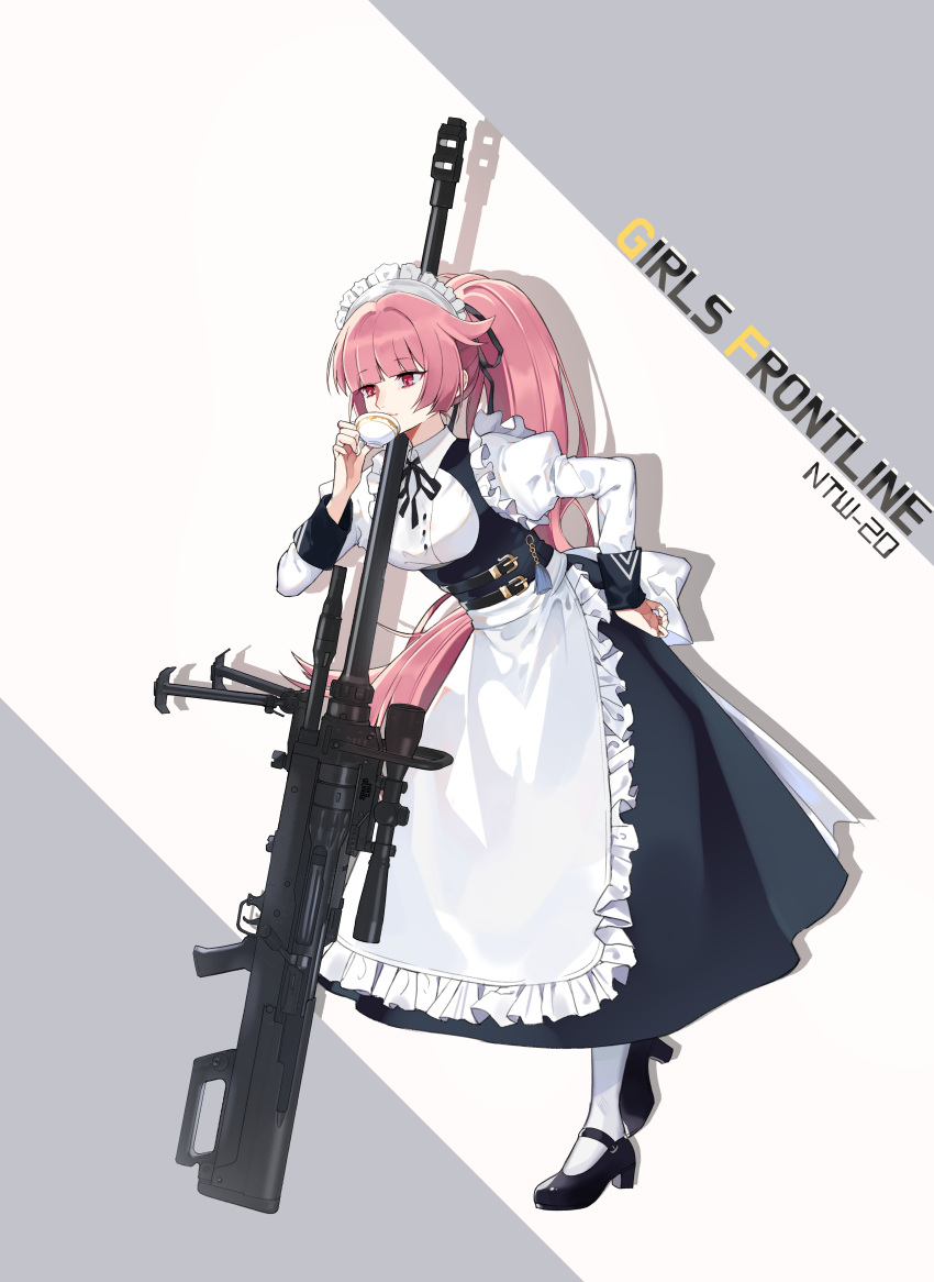 1girl absurdres anti-materiel_rifle apron black_dress black_footwear black_ribbon blunt_bangs breasts character_name copyright_name cup dress drinking frills girls_frontline gun hair_ribbon hand_on_own_hip highres holding holding_cup juliet_sleeves long_hair long_sleeves lyps maid maid_headdress ntw-20 ntw-20_(girls'_frontline) ntw-20_(the_aristocrat_experience)_(girls'_frontline) official_alternate_costume pantyhose pink_eyes pink_hair ponytail puffy_sleeves ribbon rifle sniper_rifle solo very_long_hair weapon white_pantyhose