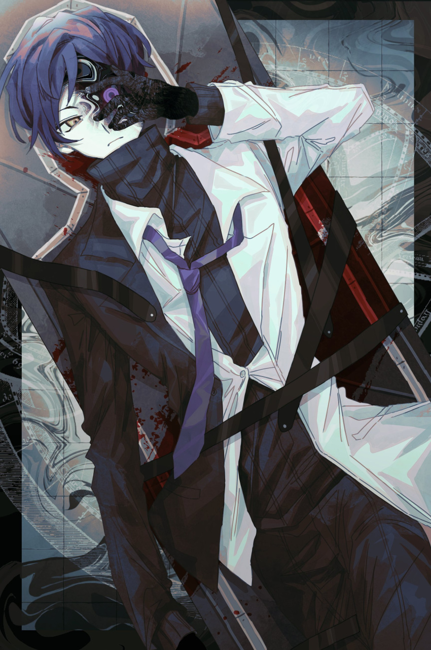 1boy 7_yukizi absurdres arm_up artificial_eye black_gloves black_jacket black_pants black_sweater closed_mouth collared_shirt gabriel_(project_moon) gloves highres jacket lobotomy_corporation looking_at_viewer mechanical_eye necktie pants project_moon purple_hair purple_necktie shirt sweater violet_eyes white_shirt yellow_eyes yesod_(project_moon)