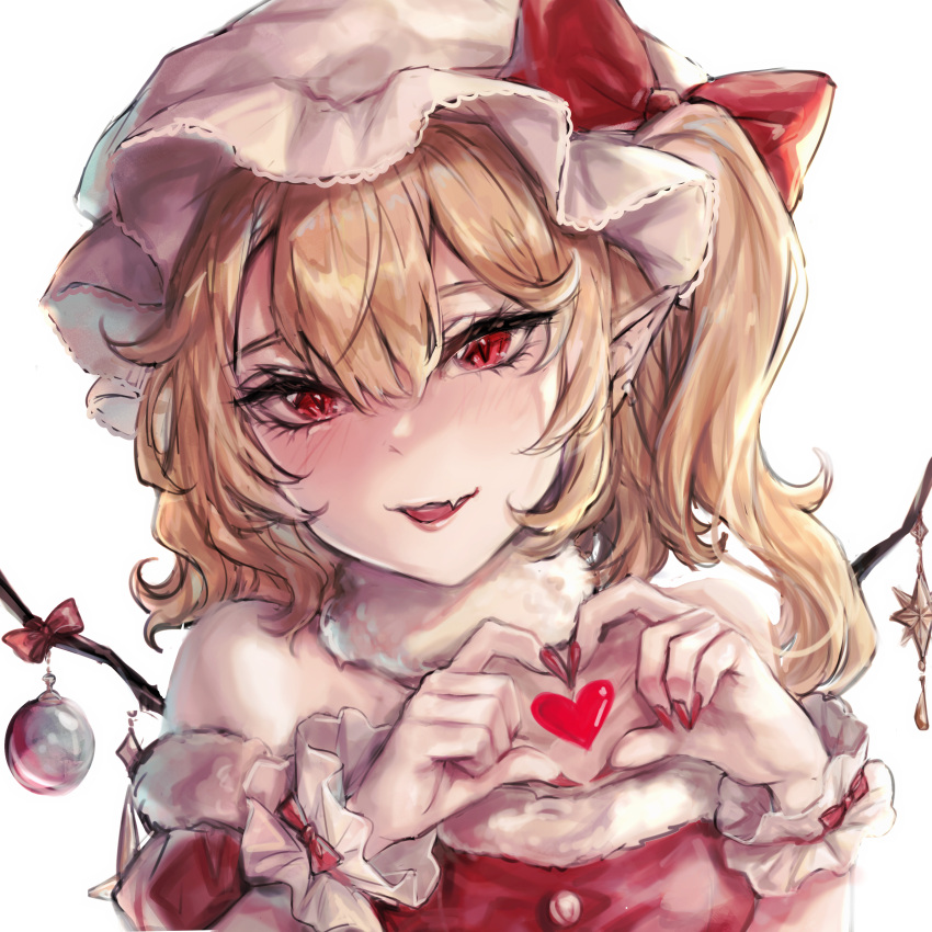 1girl absurdres blonde_hair blush bow dress earrings eyebrows_hidden_by_hair fang fingernails flandre_scarlet fur_collar fur_trim hair_between_eyes hat hat_bow heart heart_hands highres jewelry kyogoku-uru long_fingernails looking_at_viewer mob_cap nail_polish one_side_up parted_lips pointy_ears red_bow red_dress red_eyes red_nails sharp_fingernails short_hair simple_background skin_fang solo touhou upper_body wavy_hair white_background wing_ornament wings