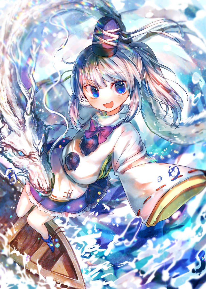 1girl :d absurdres blue_eyes blue_footwear blue_skirt boat commentary_request dragon foreshortening full_body grey_hair highres itsumizu japanese_clothes kariginu long_sleeves looking_at_viewer medium_hair mononobe_no_futo open_mouth ponytail ribbon-trimmed_sleeves ribbon_trim skirt smile touhou watercraft