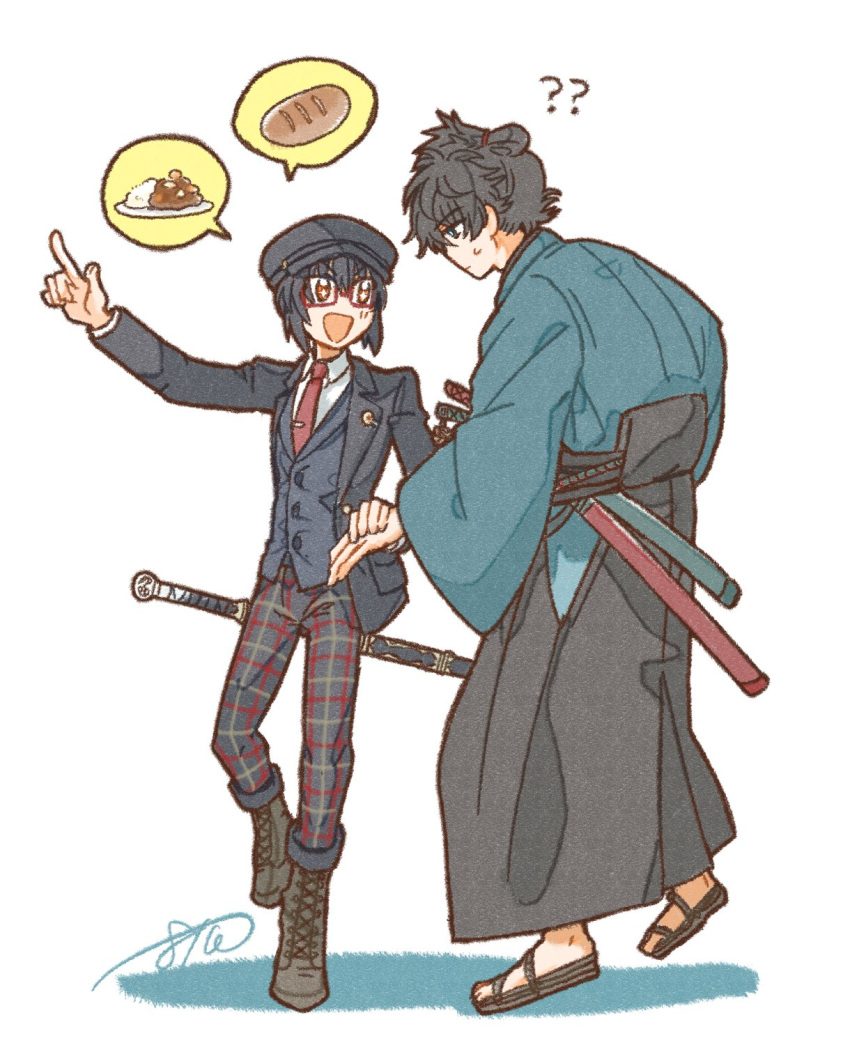 1boy 1other ? ?? androgynous ankle_boots batoson54 black_hair black_hakama blue_eyes blue_kimono boots bread cabbie_hat collared_shirt curry curry_rice fate/grand_order fate/samurai_remnant fate_(series) food glasses hakama hat highres jacket japanese_clothes katana kimono miyamoto_iori_(fate) necktie orange_eyes pants plaid plaid_pants red_necktie rice sheath sheathed shirt sparkle suit_jacket sweat sword sword_on_back topknot vest waraji weapon weapon_on_back white_shirt yamato_takeru_(fate)